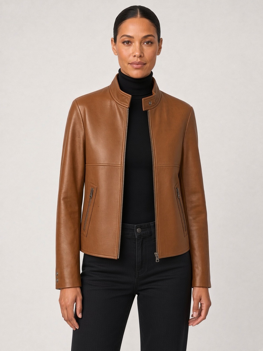 ANTONIO MELANI Cognac Leather Stand-Collar Jacket